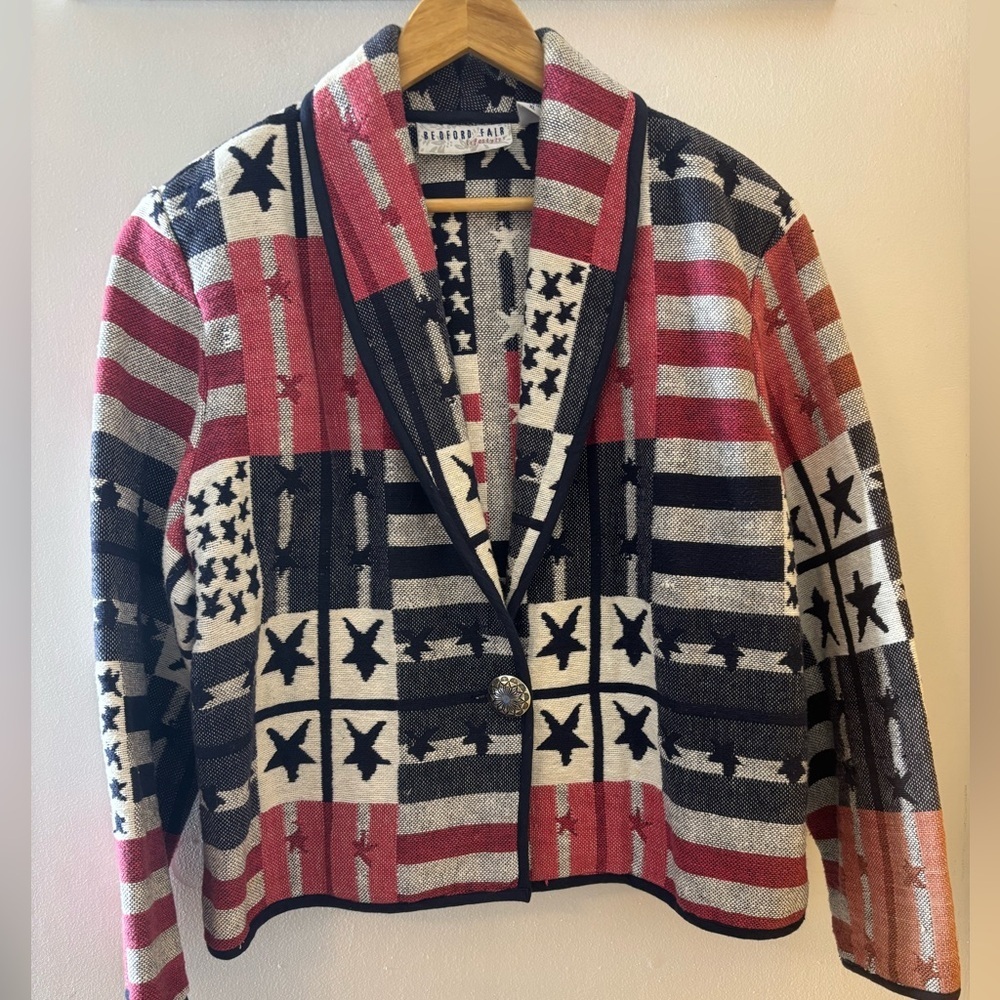 Vintage Americana Artsy Patchwork USA Flag Tapestry Blazer